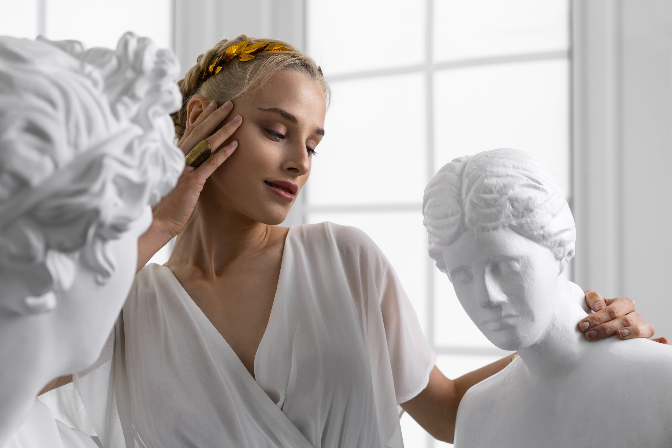 Mulher com diadema dourado de folhas entre duas estátuas clássicas brancas em ambiente claro